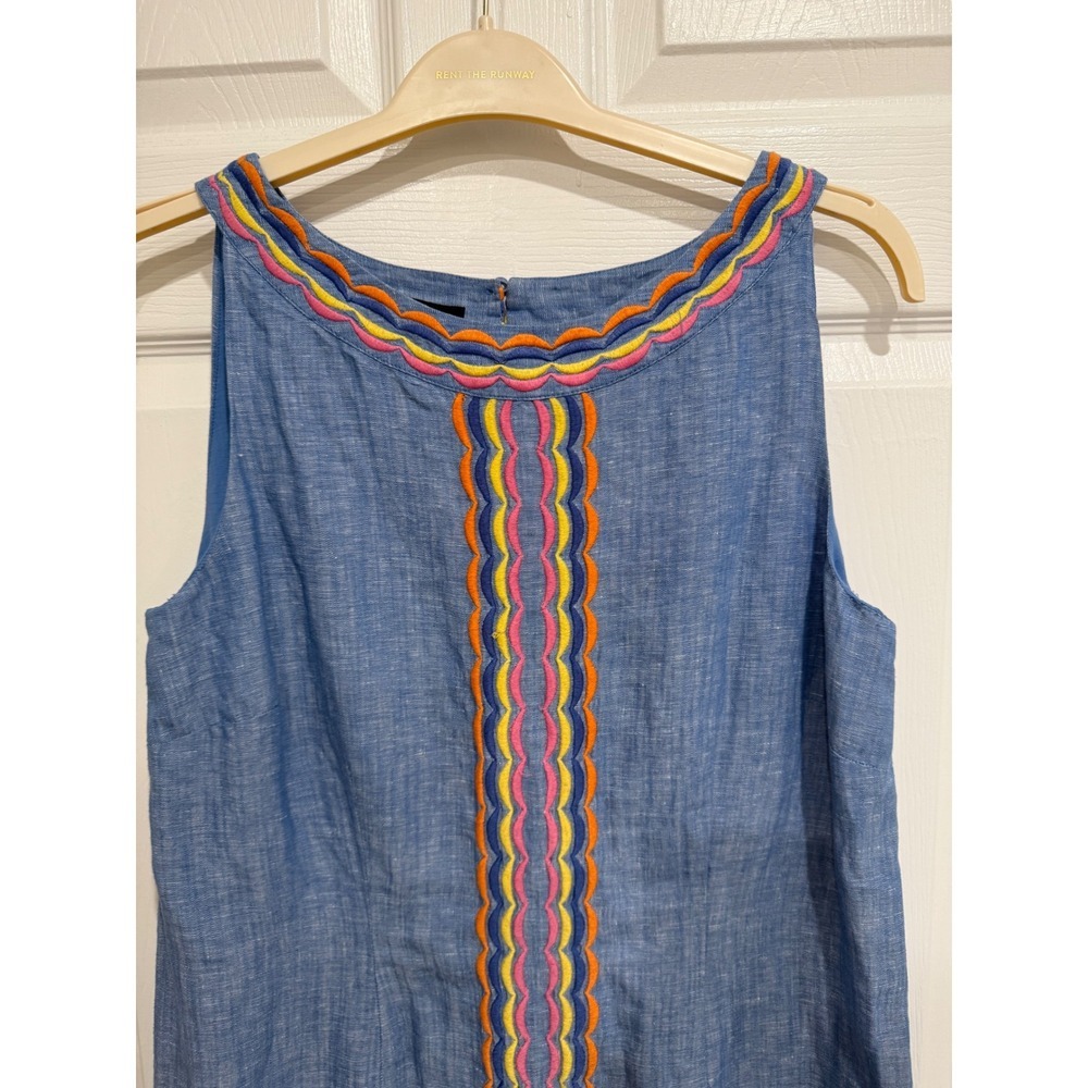 Talbots Blue Linen Cotton Embroidered Shift Dress Sleeveless Boat Neck Sz 12